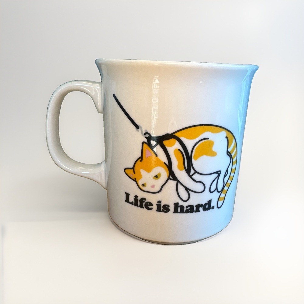 Genuine Fred Mug LIFE IS HARD  Orange Tabby Cat on Leash 16 oz New No Box